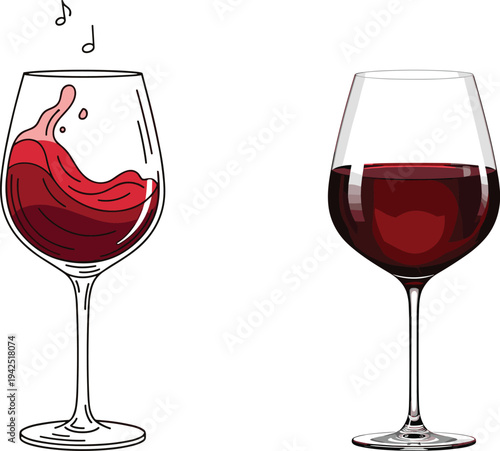 Red wine glass illustration, swirling wine splash in goblet, elegant alcohol beverage drink vector, winery tasting concept