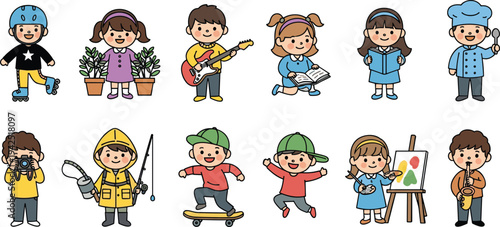 Cute kids with different hobbies and professions collection, children activities and jobs cartoon vector illustration set