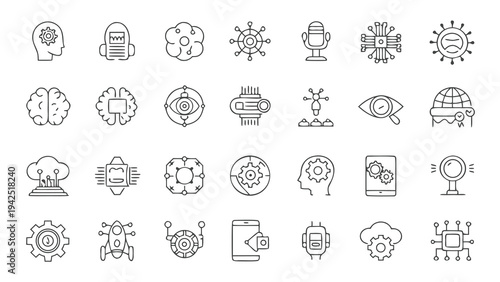 28 Advanced AI and Neural Network Technology Icons with Negative Space.