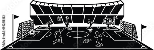 Black and white silhouette illustration of soccer players competing on stadium field with goalposts, crowd stands and night match atmosphere dramatic lighting effect
