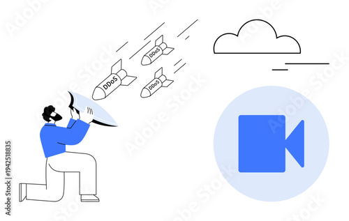 Cybersecurity, DDoS protection, digital threats, online safety, cloud services, media streaming. A person using a megaphone to fend off DDoS attacks as missiles. Cybersecurity and DDoS protection