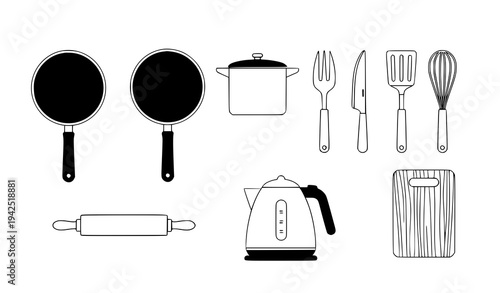 Domestic Kitchen Cooking Utensils Flat Icon Set Vector Illustration