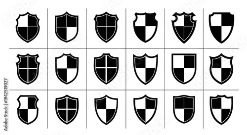 Collection of black and white heraldic shield icons with various checkered patterns