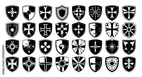 Collection of medieval heraldic shields with various symbolic crests and coats of arms on white background