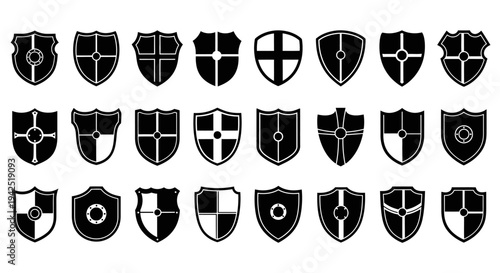 Collection of black and white heraldic shields with various designs on a white background