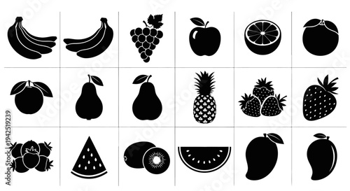 Collection of black fruit icons on white background including bananas apples pears and berries for design and illustration