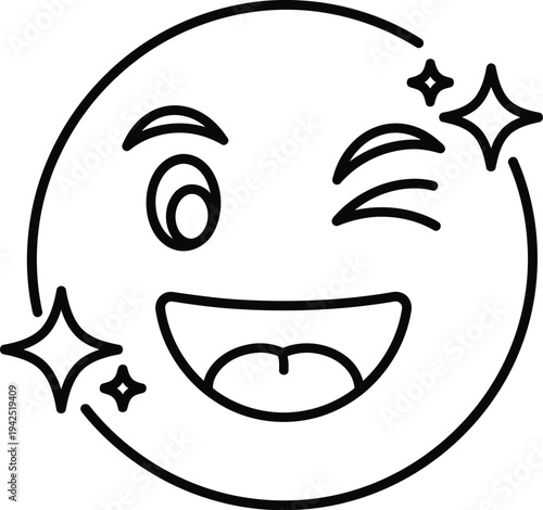 A charming doodle style emoji icon depicts a happy winking face surrounded by delicate sparkles on a clean white background.