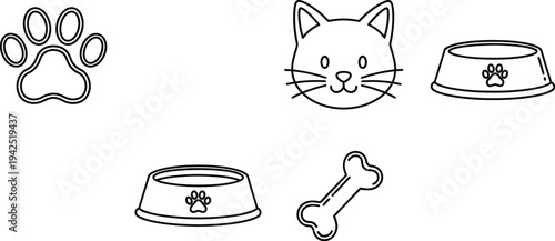 Collection of simple black and white line art icons representing various pet care supplies and animal features for design projects.