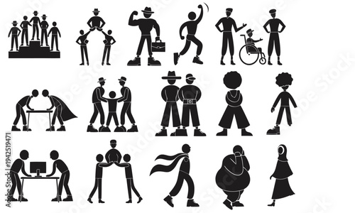 Vector set of business people icons showing silhouettes of men, women, parents, children and families in simple pictogram style illustration