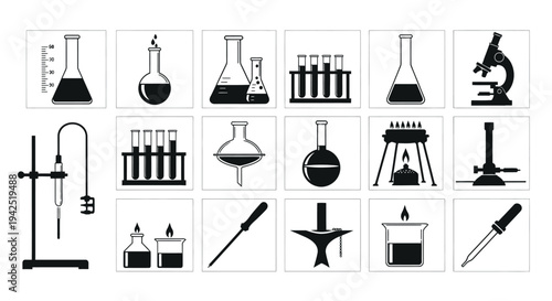 Collection of black and white laboratory equipment icons including beakers test tubes microscopes and bunsen burners on a white background for science and chemistry concepts