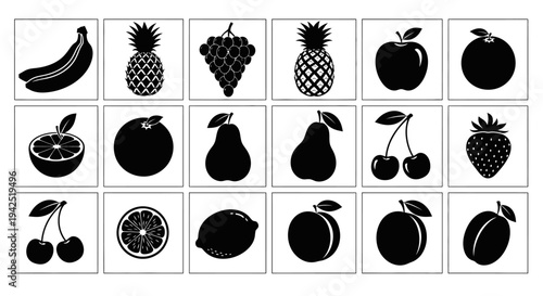 Collection of assorted fruit icons in black silhouette on white background for design