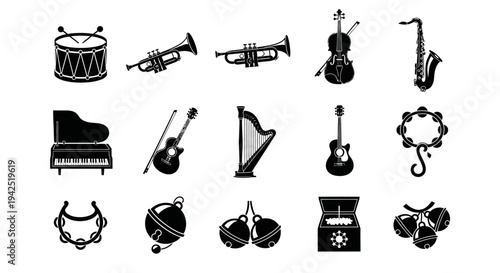 Collection of black musical instruments icons on white background for design
