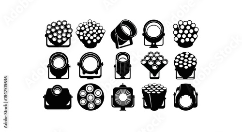 Black stage lights icons set on white background for theater or concert lighting design