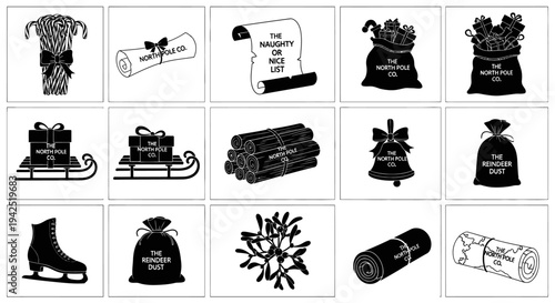 Black and white christmas icons set including gifts bags logs skate snowflake on white background