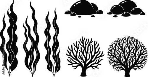 Black Silhouette Marine Set with Wavy Seaweed Fronds, Sea Rocks, Branching Coral Tree and Bushy Coral, Minimalist Underwater Elements Vector Illustration for Nautical and Tattoo Designs
