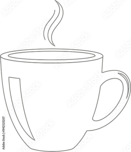 Simple black and white outline drawing of a steaming hot coffee mug isolated on a clean white background
