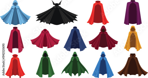Fantasy cloaks and capes collection with hooded medieval costumes, colorful cloak garments vector illustration set