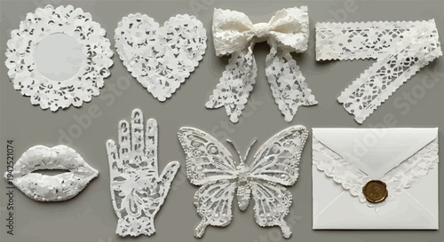 Elegant White Lace Decorative Elements Vector Set with Butterfly, Heart, Bow, Lips, Hand, Doily, and Envelope for Romantic Designs