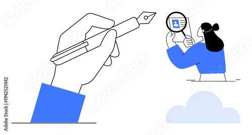 Document verification concept. Document verification through a woman analyzing paperwork with a magnifying glass. Document verification aids in data accuracy and record validation. Ideal for digital