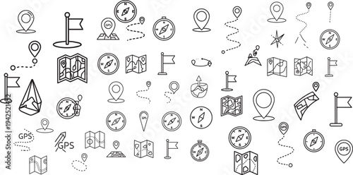 Navigation, Map, and Location Pin Line Icon Vector Set