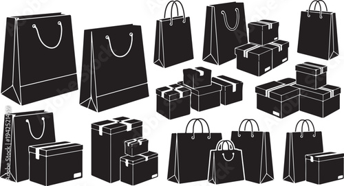 Black shopping bags and gift boxes on white background
