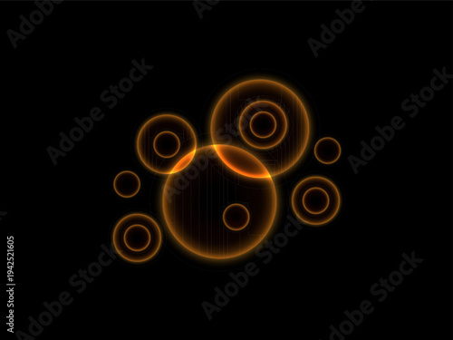 Glowing orange neon rings clustered on black background, futuristic abstract circles design, sci fi light halo pattern digital wallpaper


