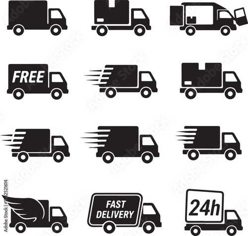 Express delivery trucks vector glyph icons set