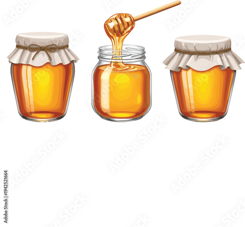 Golden honey jars with honey dipper dripping fresh organic honey vector illustration set