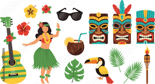 Hawaiian Tropical Party Elements Collection Featuring Hula Dancer, Ukulele, Tiki Masks, Cocktail Drink, Sunglasses, Toucan, Palm Leaves and Hibiscus Flowers