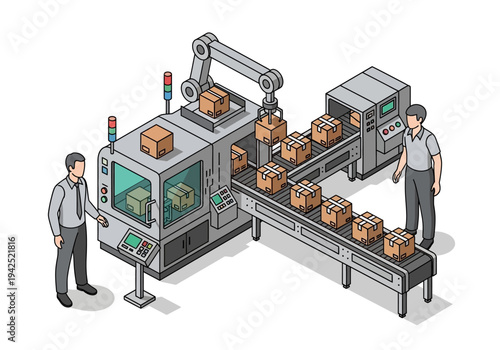 Engineers overseeing a modern automated production line with a robotic arm packaging boxes on a conveyor belt