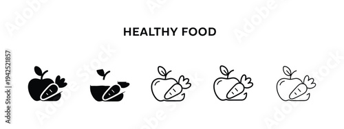 Healthy food vector icon collection in different styles, colorful and black nutrition symbols, organic diet and wellness concept illustrations, minimalist modern vector set for restaurant menus
