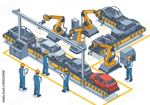 Automated Car Manufacturing Assembly Line with Robotic Arms and Workers in a Modern Industrial Factory Setting. Isometric View of Vehicle Production Process
