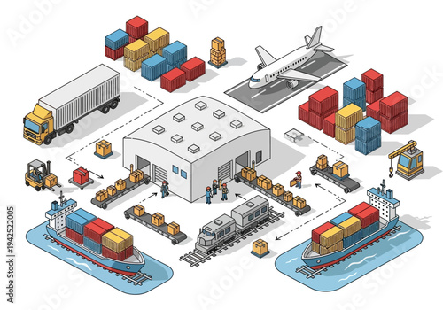 Isometric vector graphic of a global logistics supply chain with a warehouse and freight transportation