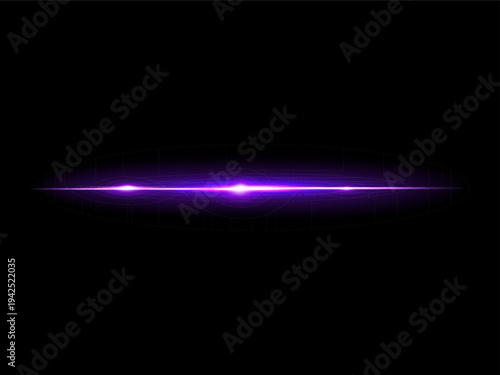 Bright purple lens flare on dark black background showing futuristic neon light streak effect for cinematic science fiction elements.


