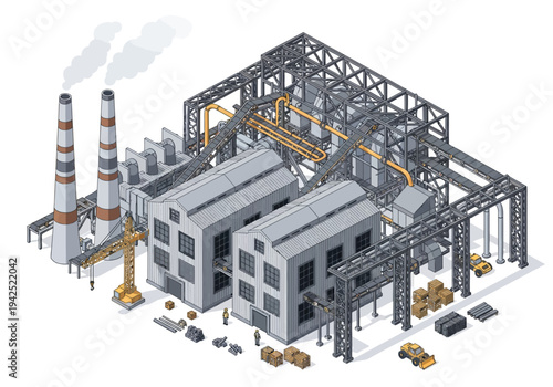 Isometric industrial factory complex with smoke stacks and machinery, representing manufacturing and production