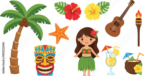 Kawaii Tropical Hawaiian Vector Elements with Chibi Hula Dancer, Blue Tiki Mask, Coconut Cocktail, Palm Tree, and Hibiscus for Summer Greeting Cards