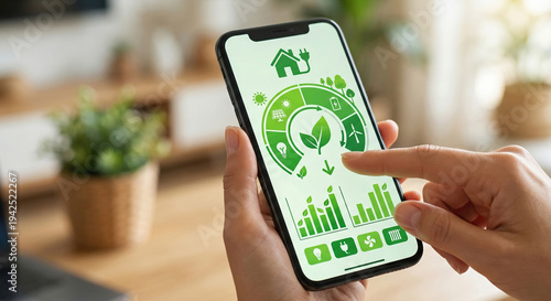 Close-up of a person using a smart home energy management app on a smartphone to monitor solar power production and eco-friendly electricity consumption. 