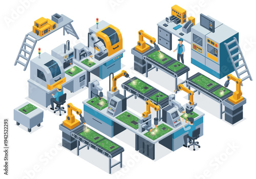 Isometric illustration of a high-tech electronics factory featuring a robotic assembly line for semiconductor manufacturing