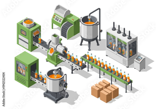 Isometric illustration of an automated juice production line with factory conveyor and bottling machinery