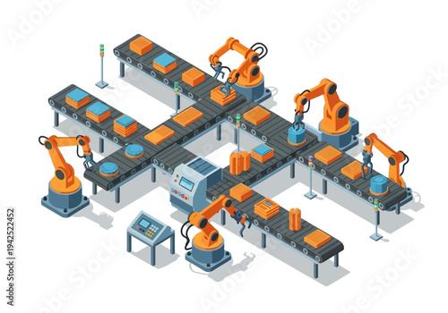 Advanced industrial automation concept with robotic manipulators on a smart factory conveyor system