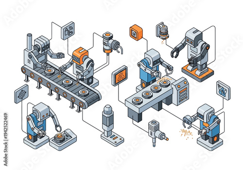 Advanced vehicle assembly line with industrial robots and conveyor system in a modern factory setting