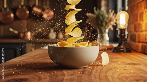 Potato chips are falling into a bowl on a wooden counter. Golden seasoning sprinkles around the crunchy snack. Cozy kitchen setting.