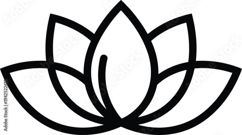 Lotus flower icon in black outline flat vector style isolated on white background representing yoga meditation spirituality wellness and natural beauty concept