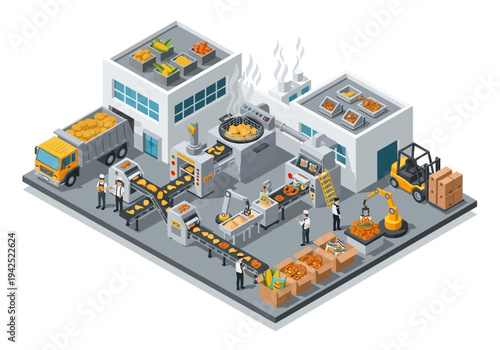 Isometric Industrial Food Production Facility Illustrates Automated Snack Manufacturing Process with Workers and Machinery