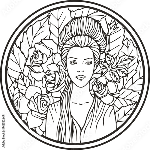 Beautiful woman portrait with roses, vector series. Elegant young female in natural background. Art deco girls series. Great for art projects, beauty, fashion and wedding designs, coloring booklets.