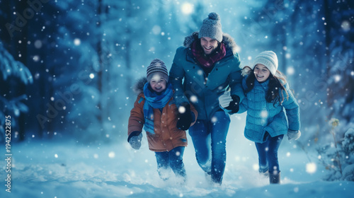 Happy young family having fun and enjoying in beautiful winter night at frozen skating park.
