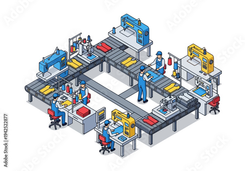 Isometric vector illustration of a garment factory production line with workers at sewing machines and conveyor belts