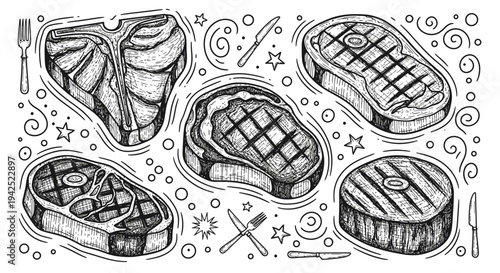 Illustration of Various Grilled Meats and Sausages.