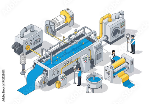 Detailed isometric vector illustration of an automated textile factory with a fabric dyeing production line