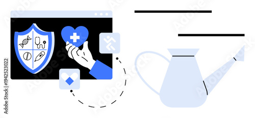 Shield with medical icons, hand holding a heart, connected symbols on a monitor, and watering can. Ideal for healthcare, protection, wellness, growth, sustainability digital care support concepts